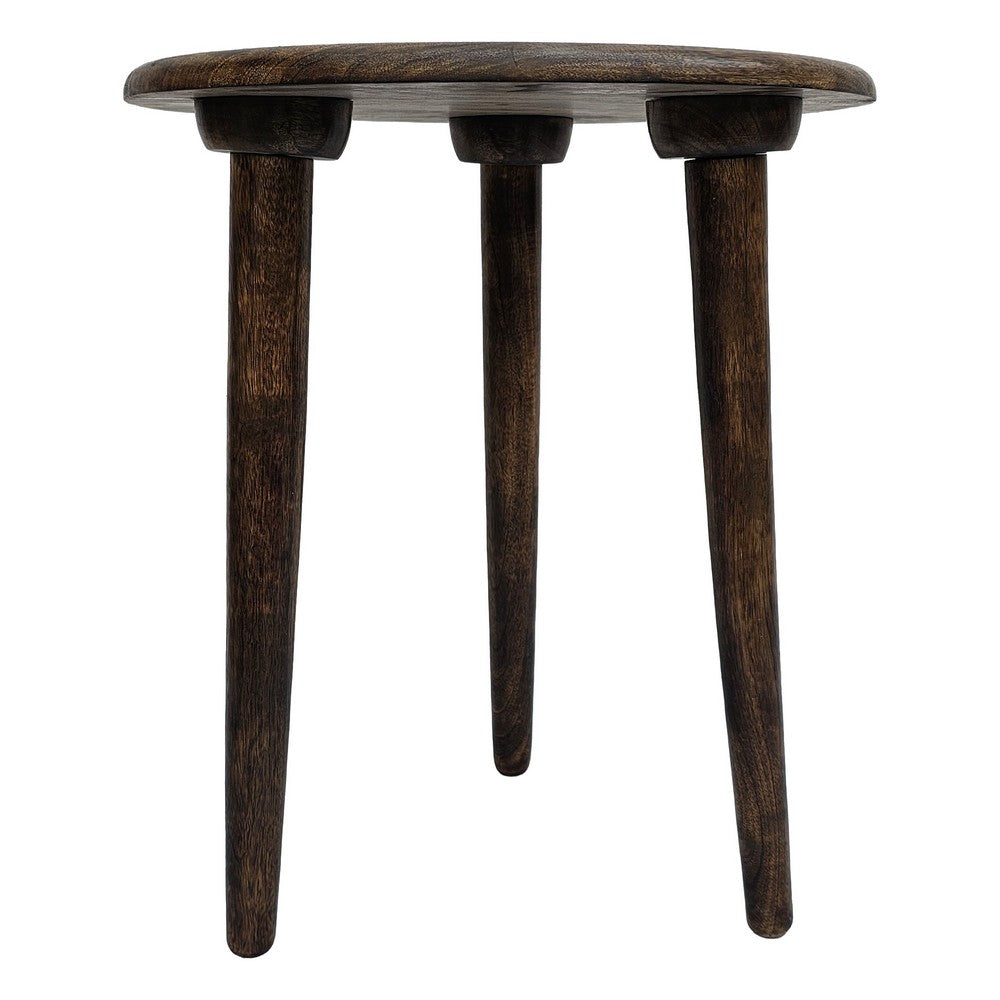 Ama Side End Table | 22 Inch Round Top | Indian Mandala Floral Carving | 3 Legs | Brown Mango Wood By The Urban Port