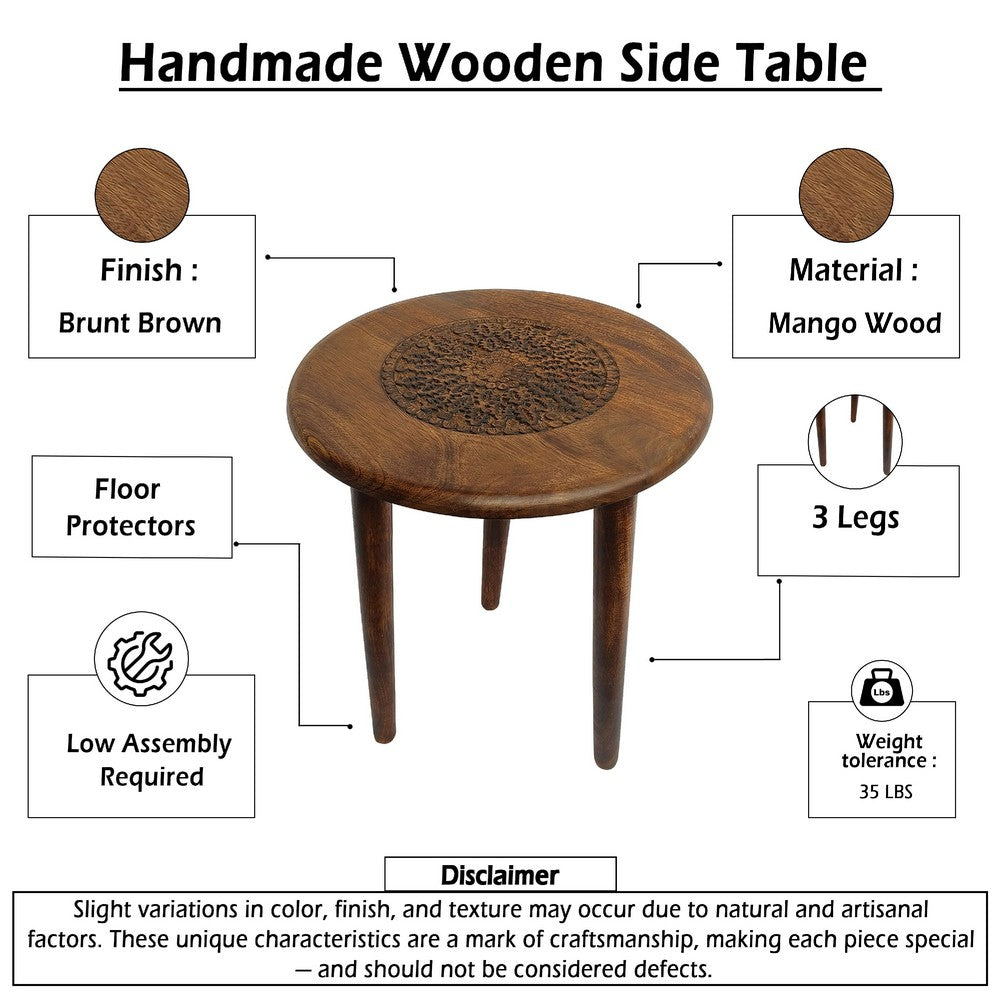 Ama Side End Table | 22 Inch Round Top | Indian Mandala Floral Carving | 3 Legs | Brown Mango Wood By The Urban Port