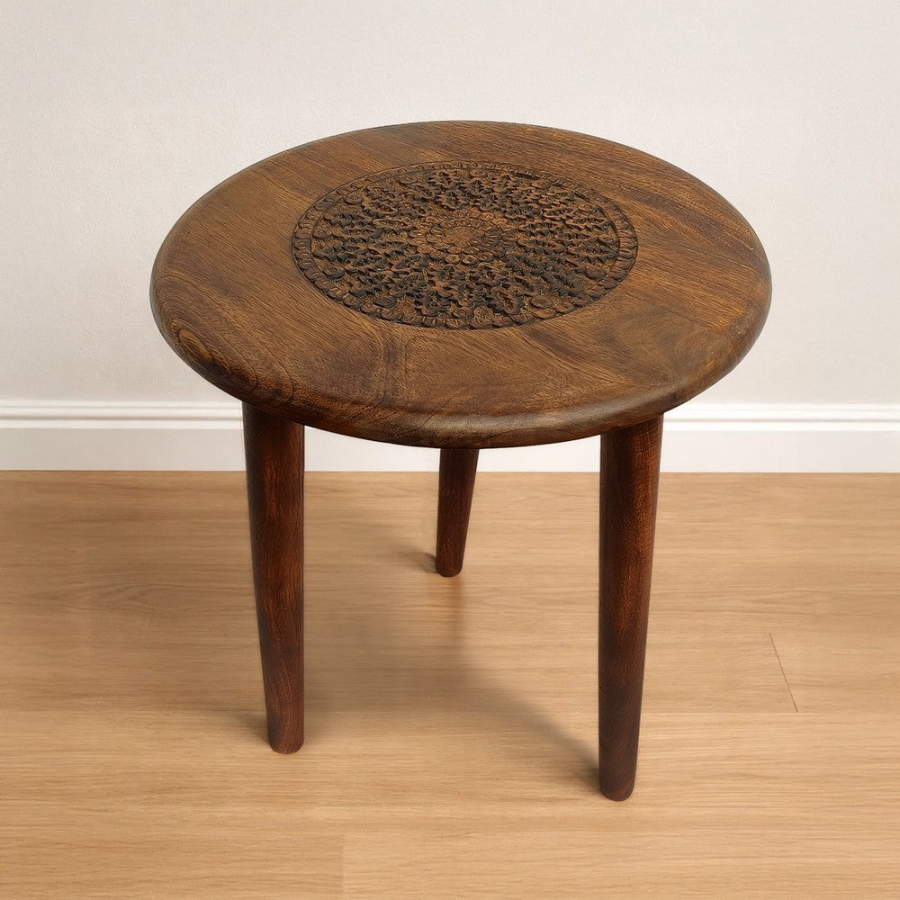 Ama Side End Table | 22 Inch Round Top | Indian Mandala Floral Carving | 3 Legs | Brown Mango Wood By The Urban Port