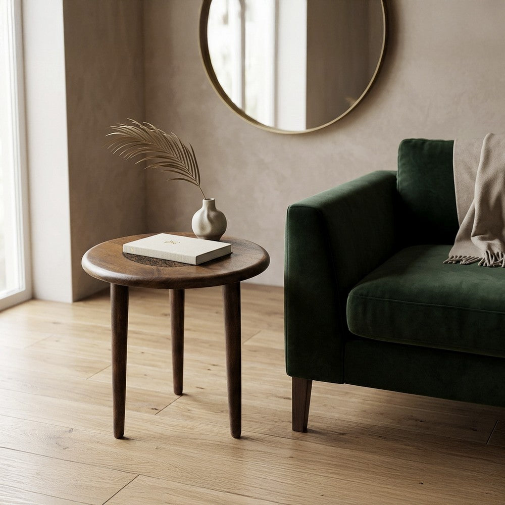 Ama Side End Table | 22 Inch Round Top | Indian Mandala Floral Carving | 3 Legs | Brown Mango Wood By The Urban Port