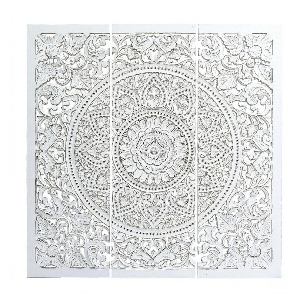Josa 3pc Wood Wall Panel Set |Mandala Floral Carving | Antique White Finish | 48 Inch Square Decor By The Urban Port
