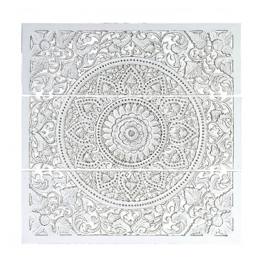 Josa 3pc Wood Wall Panel Set |Mandala Floral Carving | Antique White Finish | 48 Inch Square Decor By The Urban Port