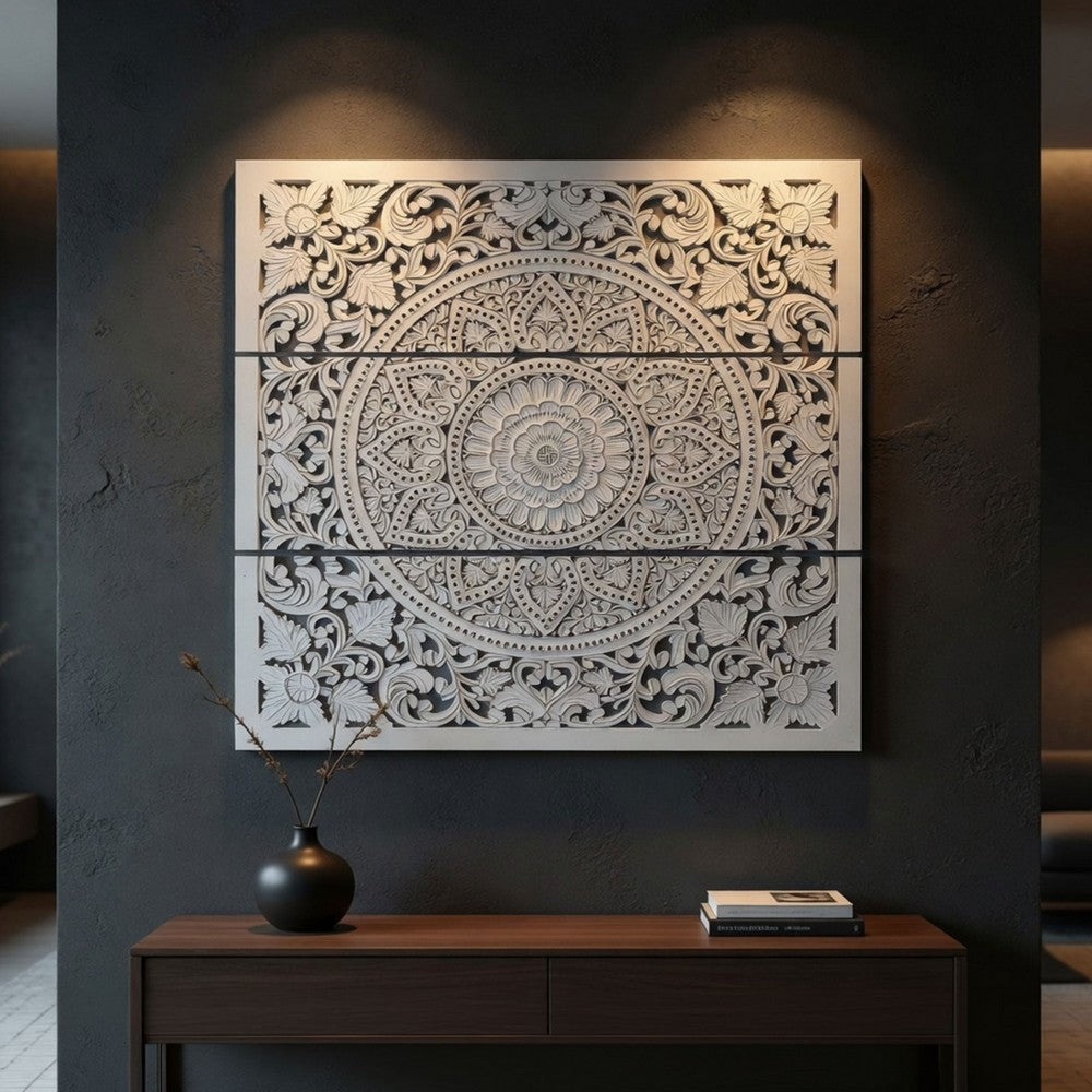 Josa 3pc Wood Wall Panel Set |Mandala Floral Carving | Antique White Finish | 48 Inch Square Decor By The Urban Port