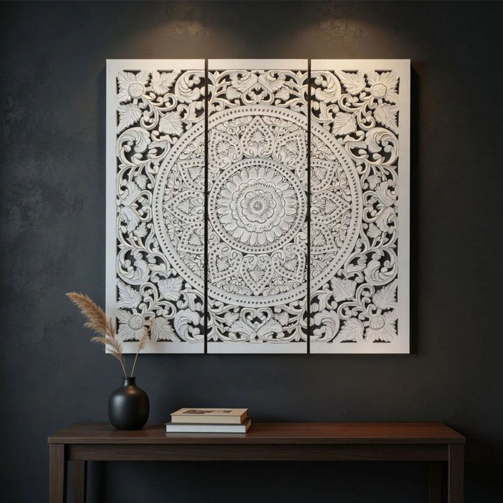 Josa 3pc Wood Wall Panel Set |Mandala Floral Carving | Antique White Finish | 48 Inch Square Decor By The Urban Port