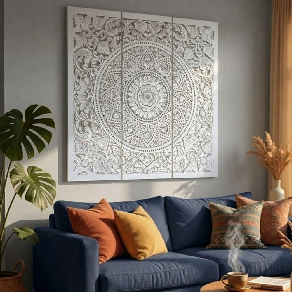 Josa 3pc Wood Wall Panel Set |Mandala Floral Carving | Antique White Finish | 48 Inch Square Decor By The Urban Port
