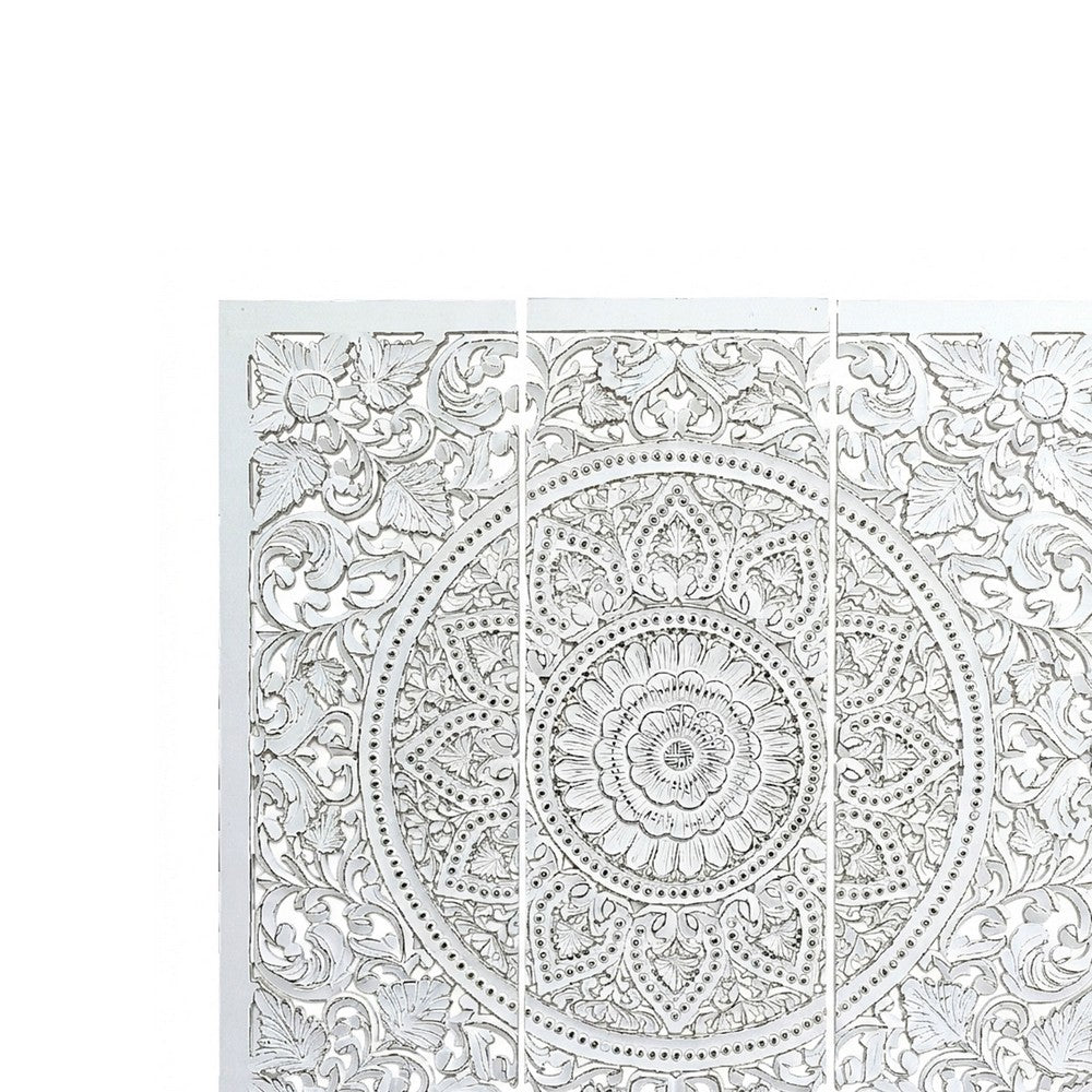 Josa 3pc Wood Wall Panel Set |Mandala Floral Carving | Antique White Finish | 48 Inch Square Decor By The Urban Port