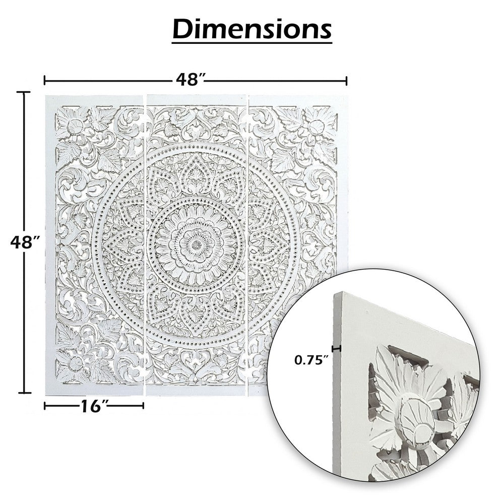 Josa 3pc Wood Wall Panel Set |Mandala Floral Carving | Antique White Finish | 48 Inch Square Decor By The Urban Port