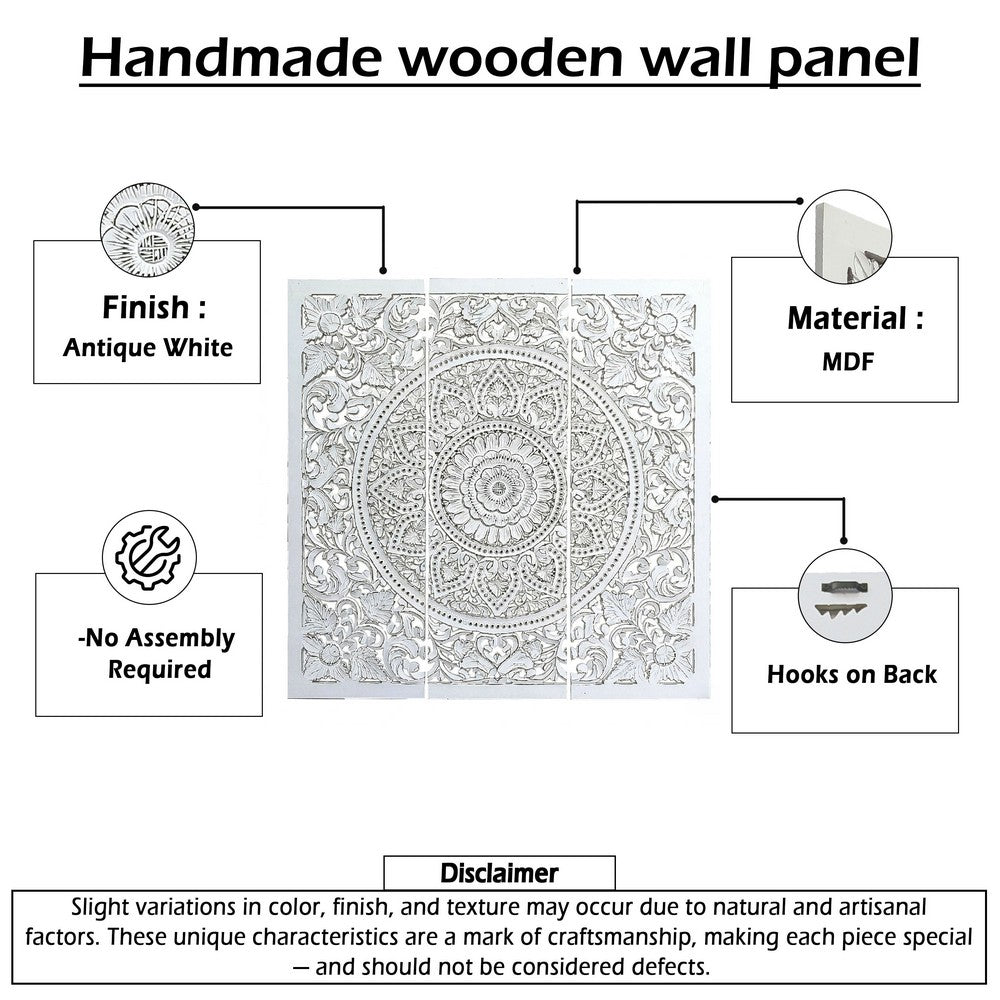 Josa 3pc Wood Wall Panel Set |Mandala Floral Carving | Antique White Finish | 48 Inch Square Decor By The Urban Port