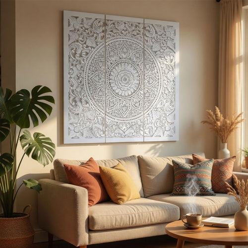 Josa 3pc Wood Wall Panel Set |Mandala Floral Carving | Antique White Finish | 48 Inch Square Decor By The Urban Port