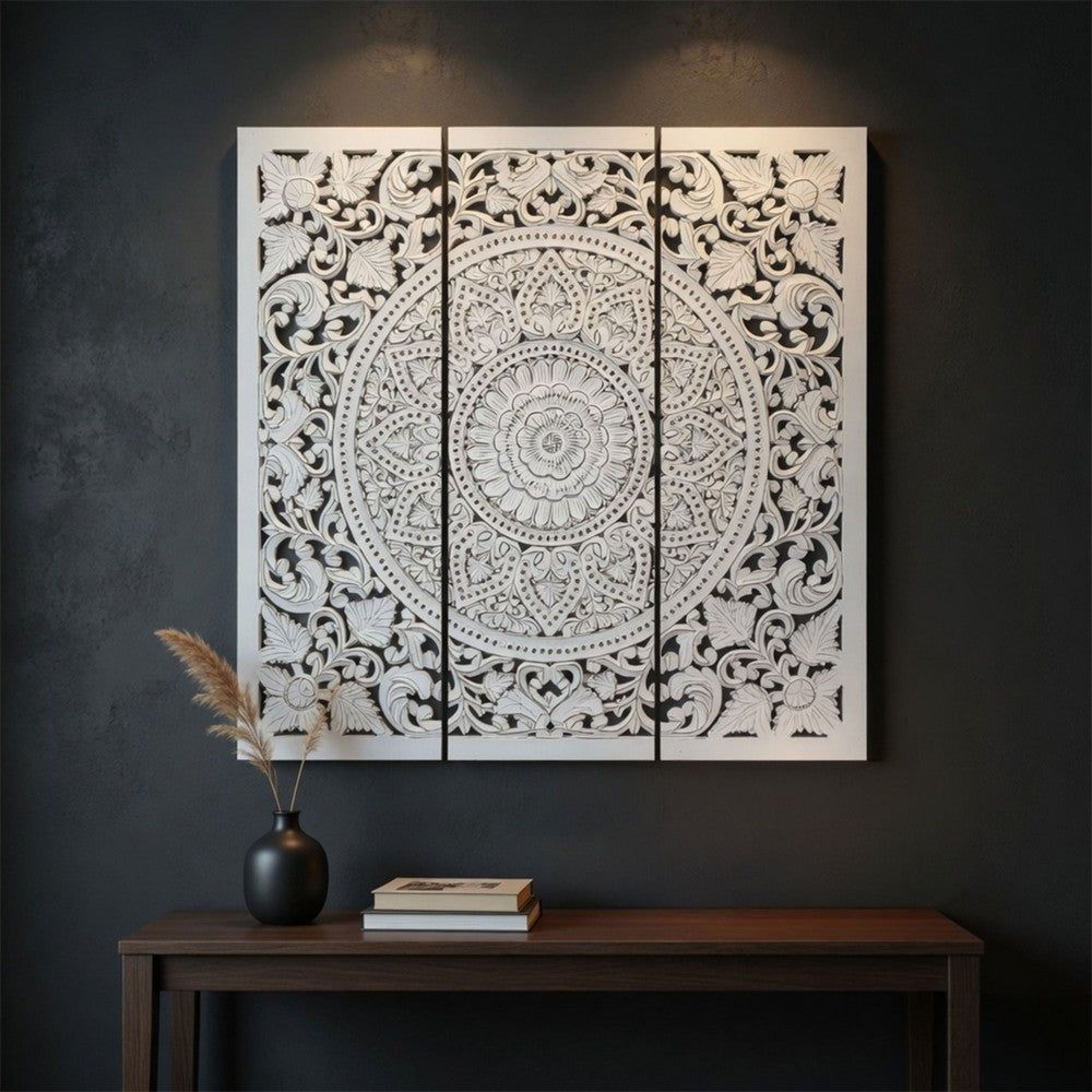 Josa 3pc Wood Wall Panel Set |Mandala Floral Carving | Antique White Finish | 48 Inch Square Decor By The Urban Port