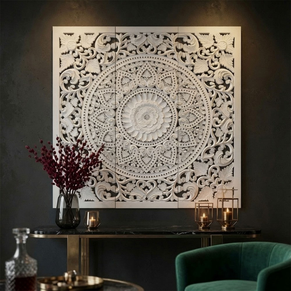 Josa 3pc Wood Wall Panel Set |Mandala Floral Carving | Antique White Finish | 48 Inch Square Decor By The Urban Port