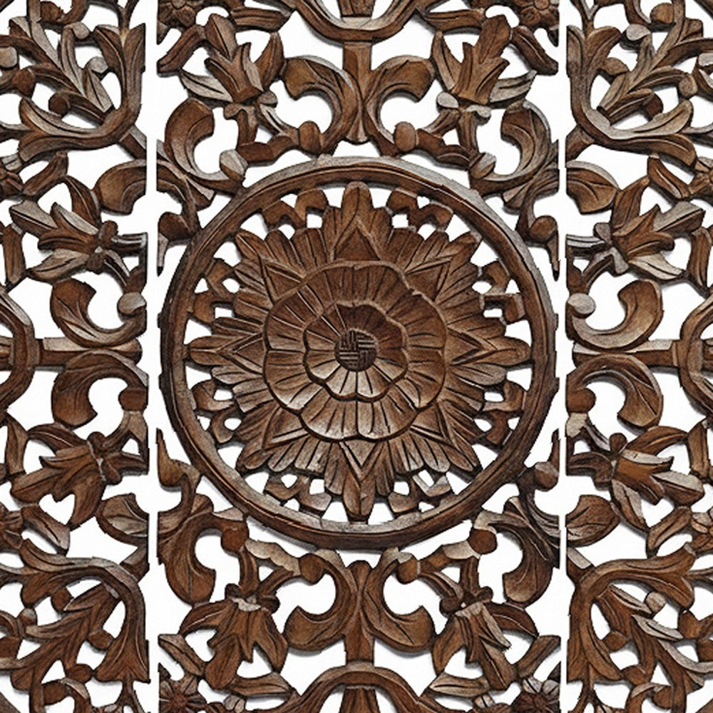 Josa 3pc Wood Wall Panel Set | Mandala Floral Carving | Brown Finish | 48 Inch Square Decor By The Urban Port