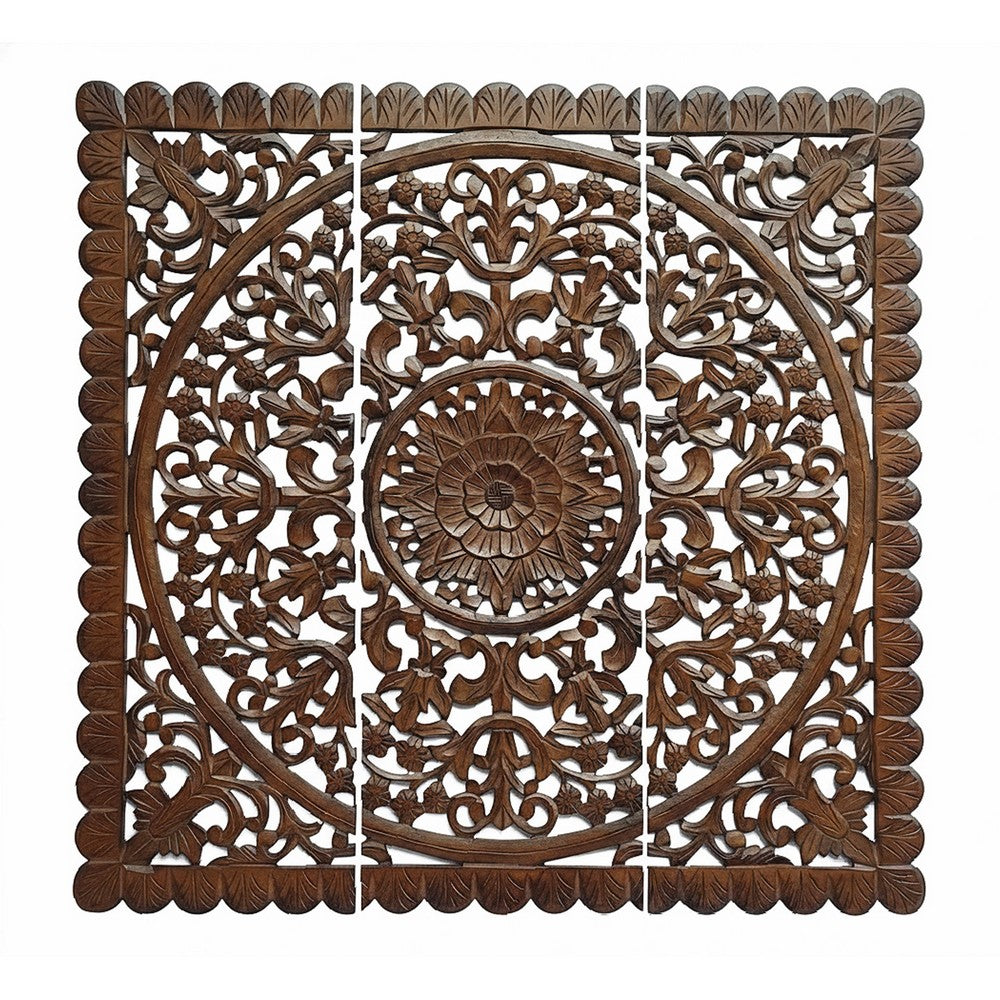 Josa 3pc Wood Wall Panel Set | Mandala Floral Carving | Brown Finish | 48 Inch Square Decor By The Urban Port