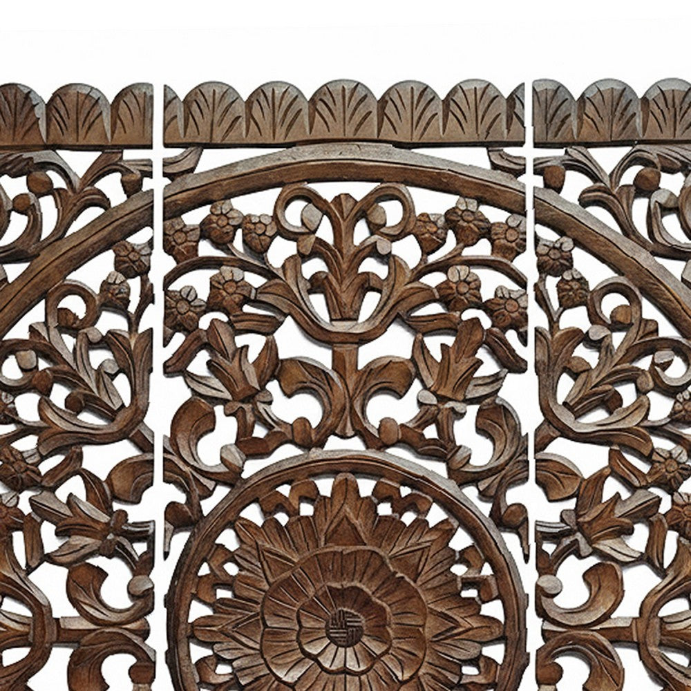Josa 3pc Wood Wall Panel Set | Mandala Floral Carving | Brown Finish | 48 Inch Square Decor By The Urban Port