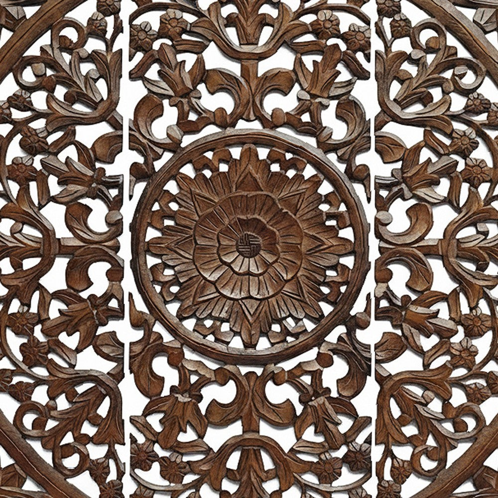 Josa 3pc Wood Wall Panel Set | Mandala Floral Carving | Brown Finish | 48 Inch Square Decor By The Urban Port