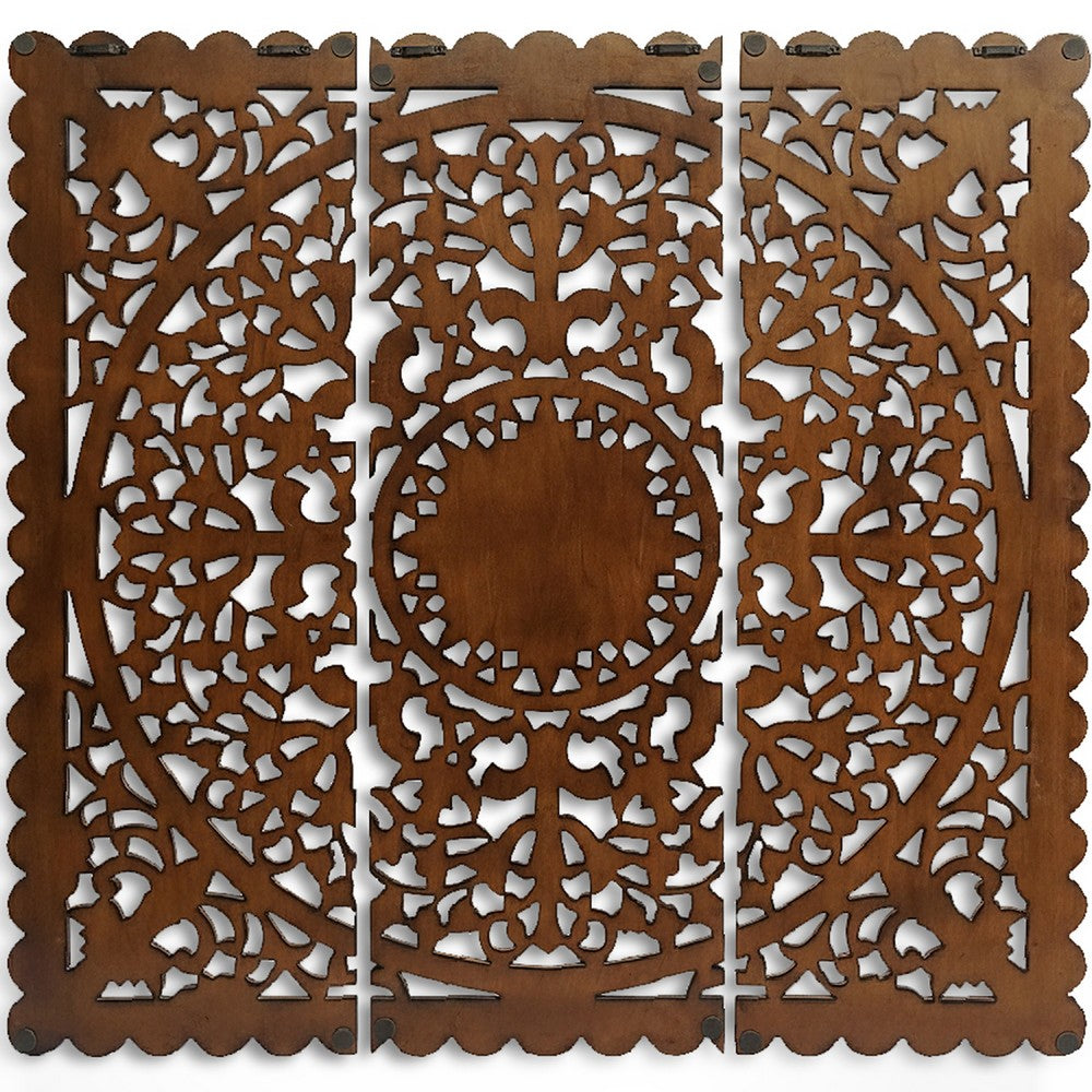 Josa 3pc Wood Wall Panel Set | Mandala Floral Carving | Brown Finish | 48 Inch Square Decor By The Urban Port