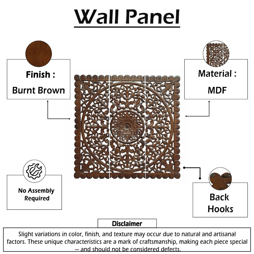 Josa 3pc Wood Wall Panel Set | Mandala Floral Carving | Brown Finish | 48 Inch Square Decor By The Urban Port