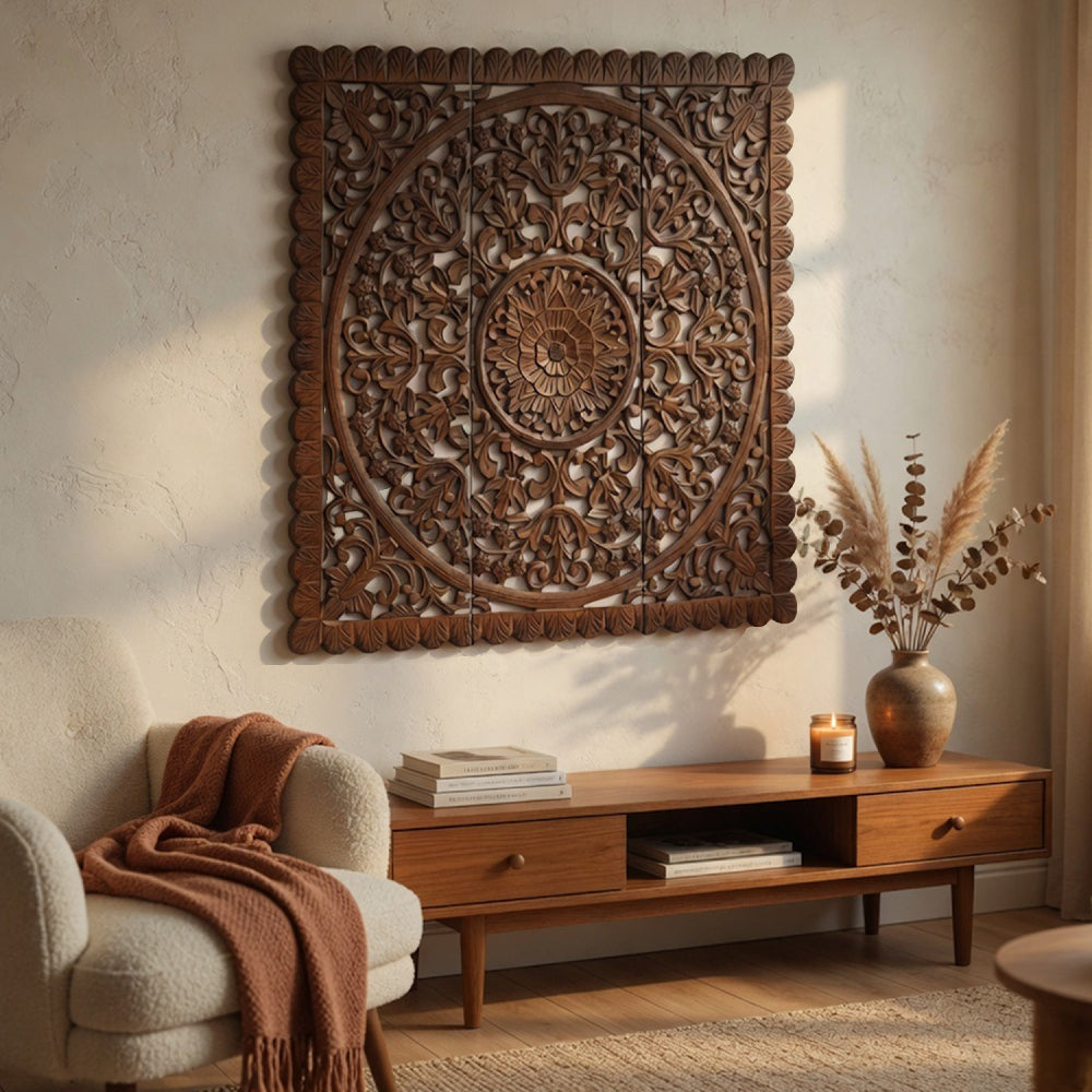 Josa 3pc Wood Wall Panel Set | Mandala Floral Carving | Brown Finish | 48 Inch Square Decor By The Urban Port