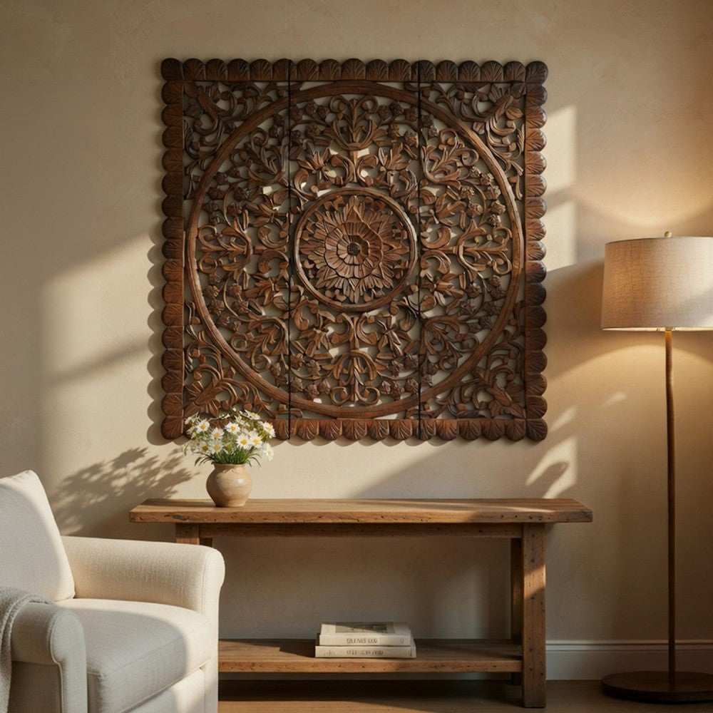 Josa 3pc Wood Wall Panel Set | Mandala Floral Carving | Brown Finish | 48 Inch Square Decor By The Urban Port