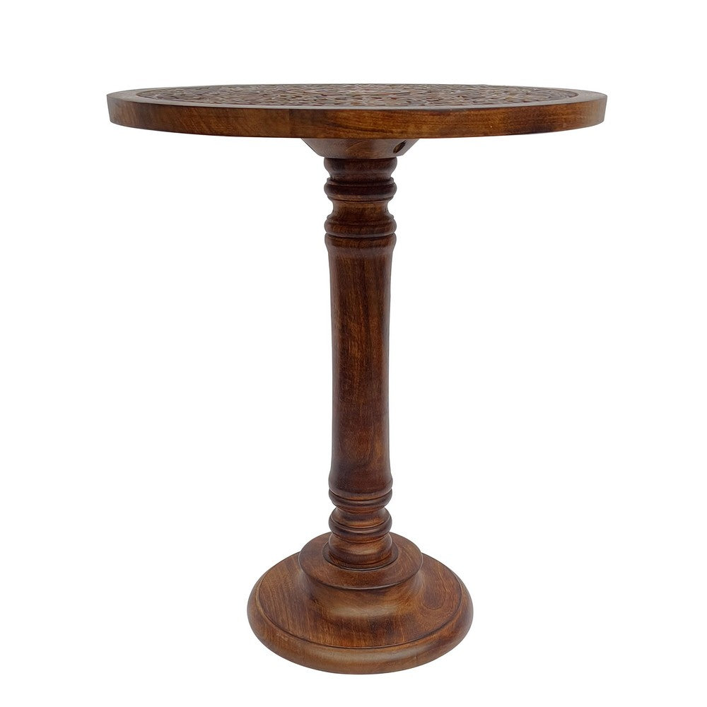 Ari 22 Inch Side End Table | Round Top | Hand Carved Indian Mandala Boho Accent | Brown Mango Wood By The Urban Port