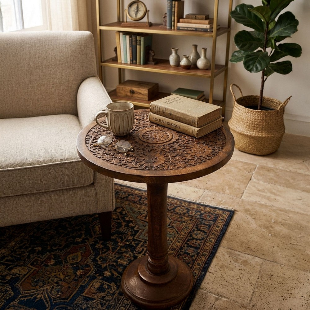 Ari 22 Inch Side End Table | Round Top | Hand Carved Indian Mandala Boho Accent | Brown Mango Wood By The Urban Port
