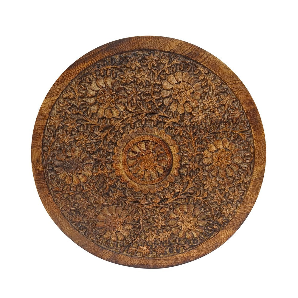 Ari 22 Inch Side End Table | Round Top | Hand Carved Indian Mandala Boho Accent | Brown Mango Wood By The Urban Port