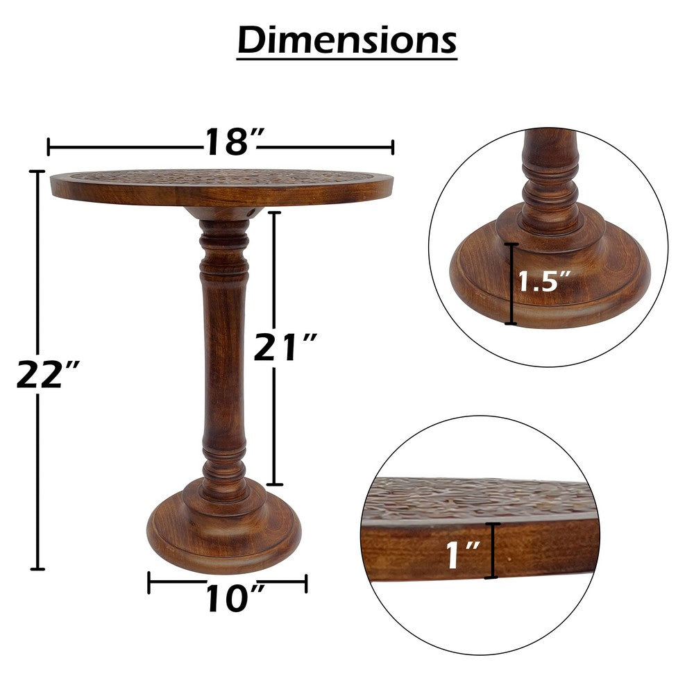 Ari 22 Inch Side End Table | Round Top | Hand Carved Indian Mandala Boho Accent | Brown Mango Wood By The Urban Port