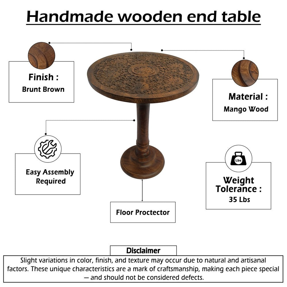 Ari 22 Inch Side End Table | Round Top | Hand Carved Indian Mandala Boho Accent | Brown Mango Wood By The Urban Port