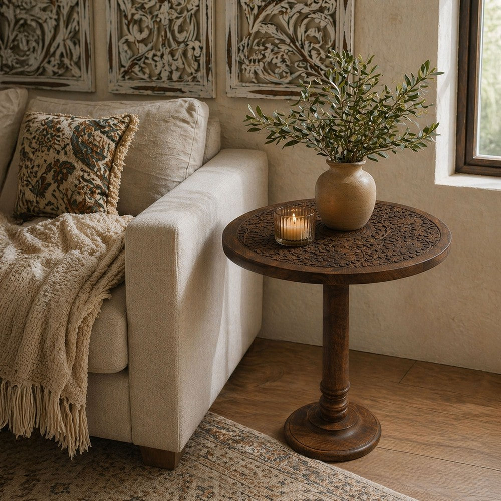 Ari 22 Inch Side End Table | Round Top | Hand Carved Indian Mandala Boho Accent | Brown Mango Wood By The Urban Port