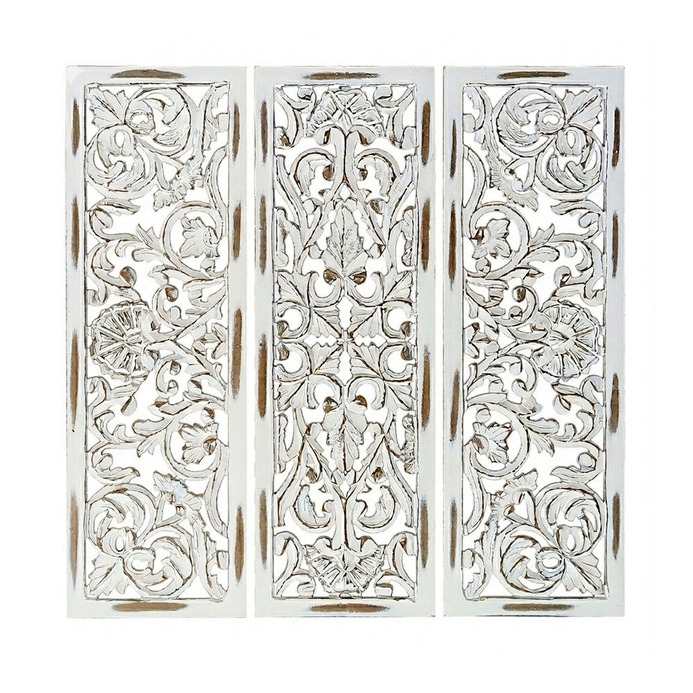 Leva 3pc Wood Wall Decor Set | Moroccan Floral Carving | Antique White Finish | 36 Inch Square By The Urban Port