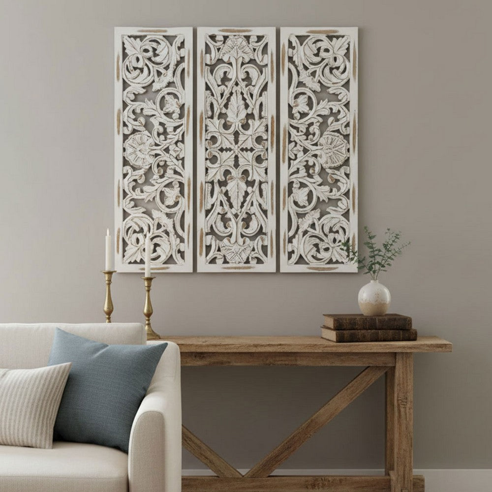 Leva 3pc Wood Wall Decor Set | Moroccan Floral Carving | Antique White Finish | 36 Inch Square By The Urban Port