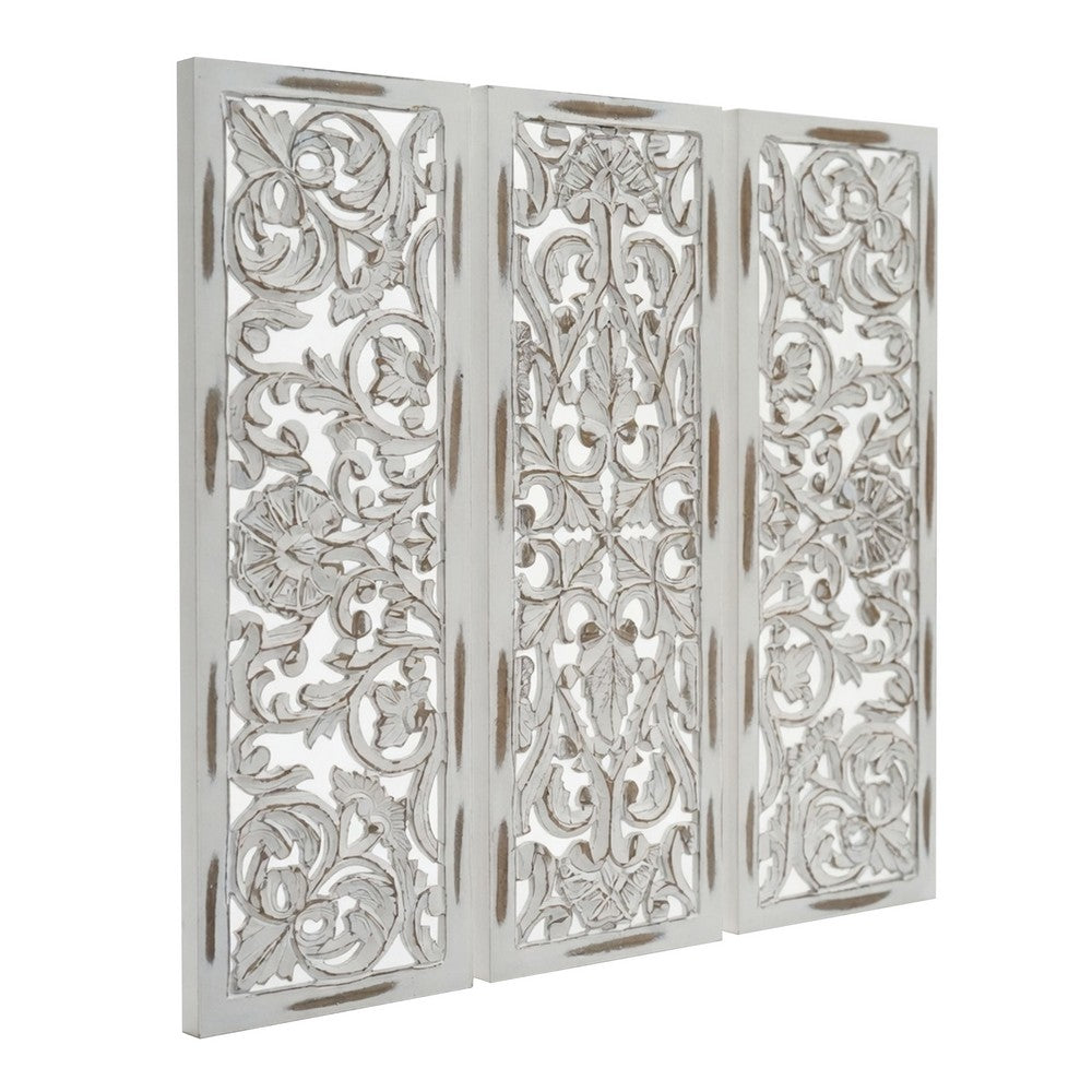 Leva 3pc Wood Wall Decor Set | Moroccan Floral Carving | Antique White Finish | 36 Inch Square By The Urban Port