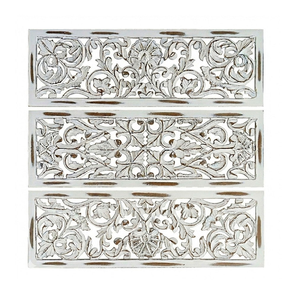 Leva 3pc Wood Wall Decor Set | Moroccan Floral Carving | Antique White Finish | 36 Inch Square By The Urban Port