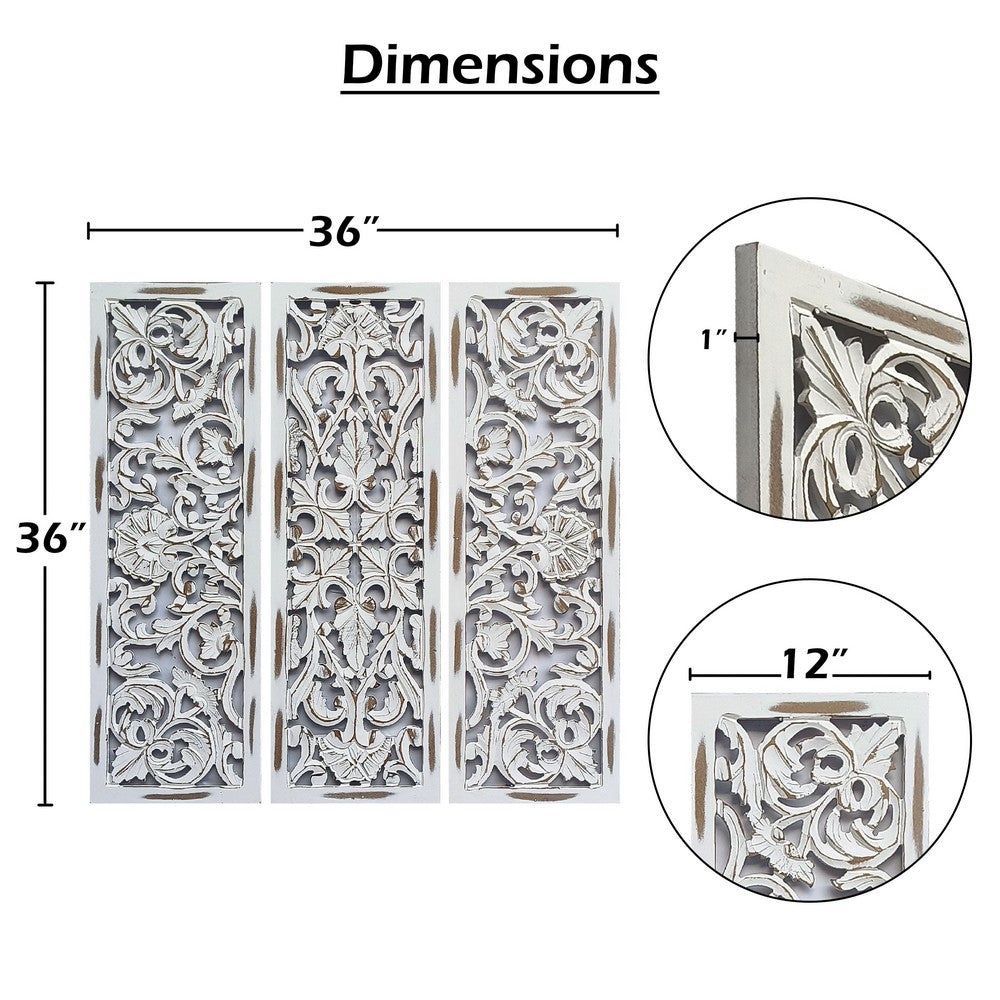 Leva 3pc Wood Wall Decor Set | Moroccan Floral Carving | Antique White Finish | 36 Inch Square By The Urban Port