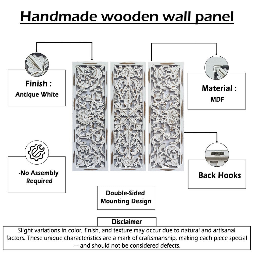 Leva 3pc Wood Wall Decor Set | Moroccan Floral Carving | Antique White Finish | 36 Inch Square By The Urban Port