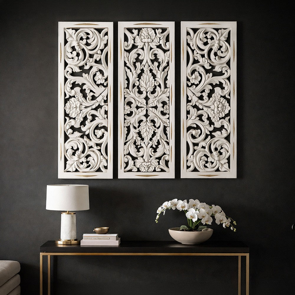 Leva 3pc Wood Wall Decor Set | Moroccan Floral Carving | Antique White Finish | 36 Inch Square By The Urban Port