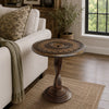 Jem 22 Inch Side End Table | Round Top | Hand Carved Boho Mandala Design with Twisted Base | Brown Mango Wood By The Urban Port