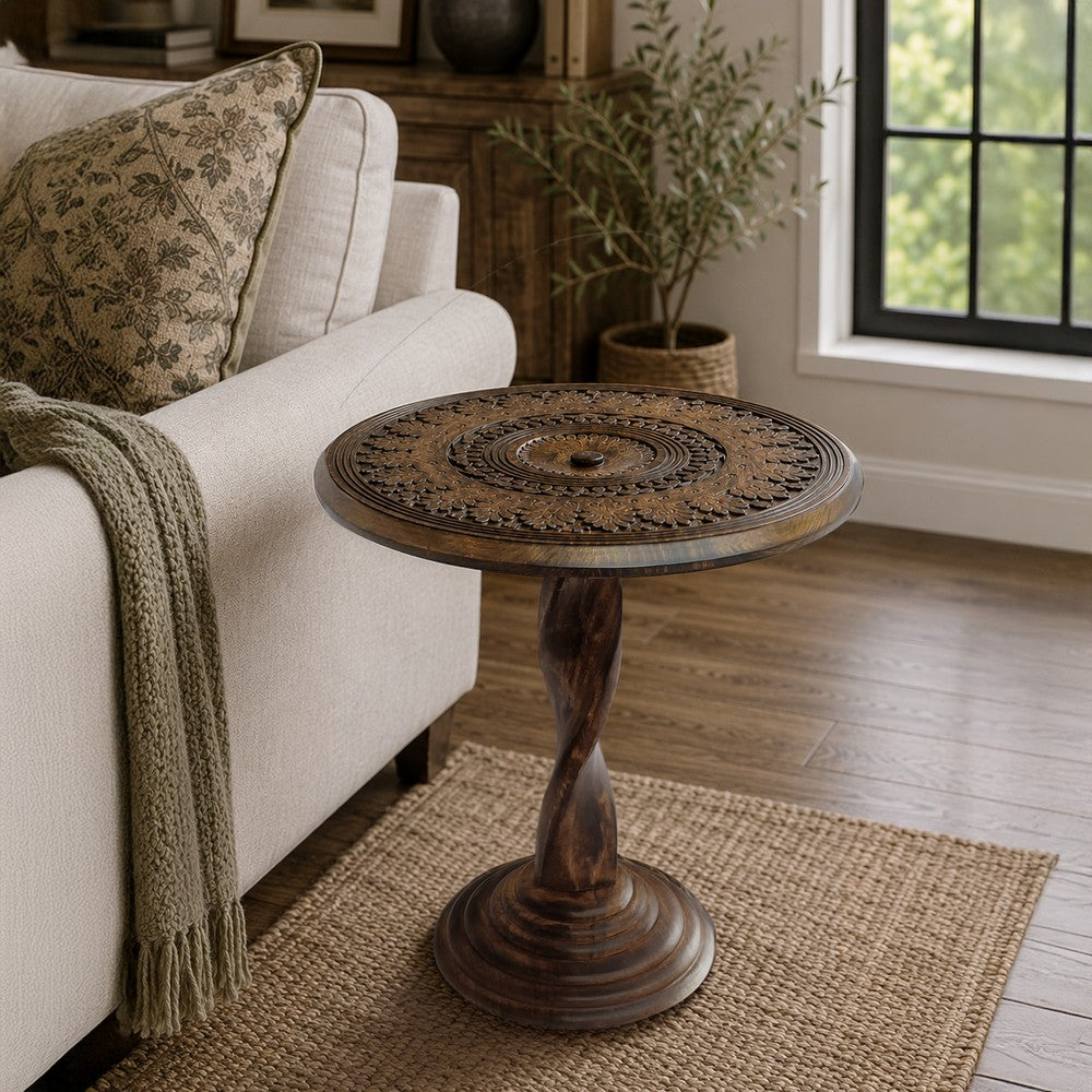 Jem 22 Inch Side End Table | Round Top | Hand Carved Boho Mandala Design with Twisted Base | Brown Mango Wood By The Urban Port