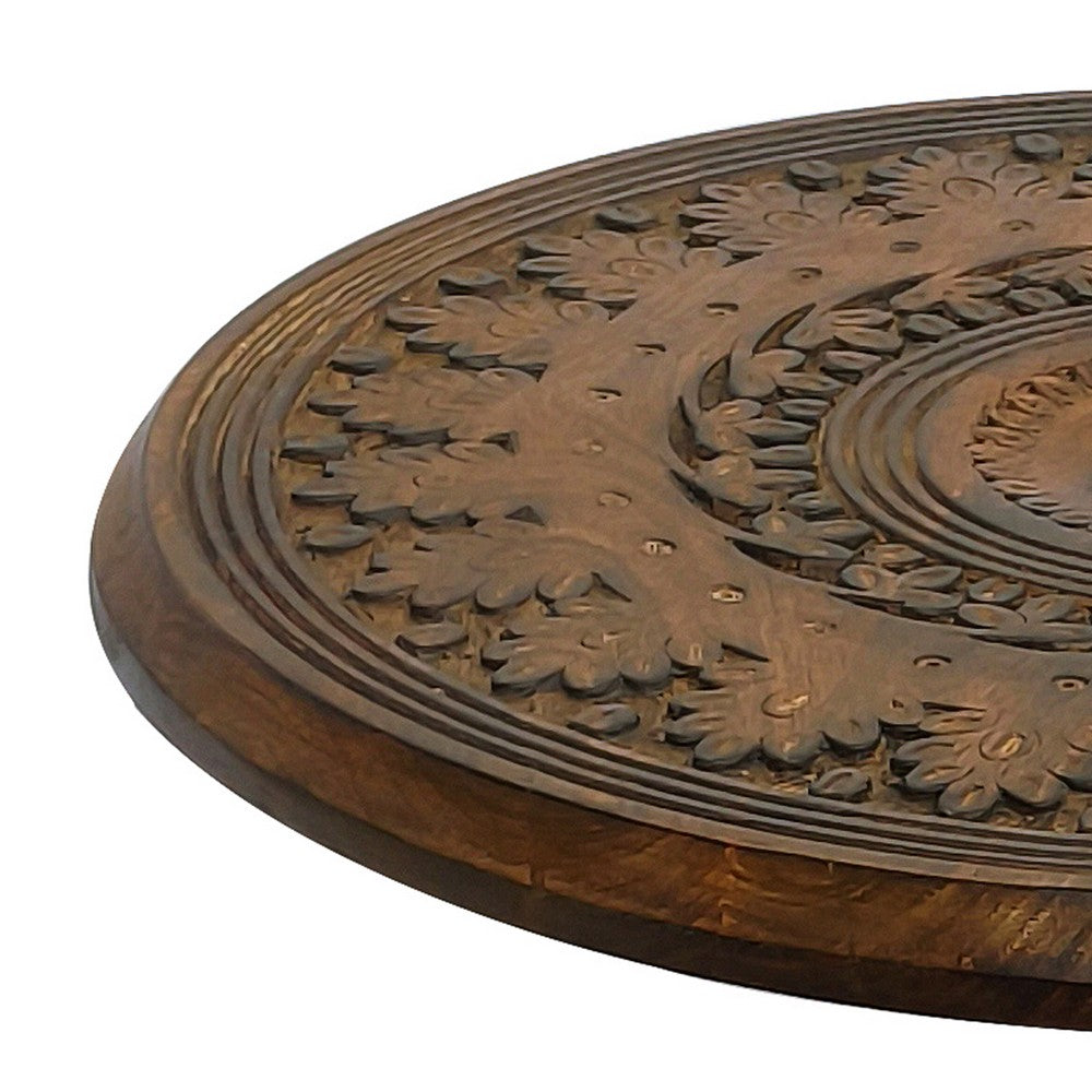 Jem 22 Inch Side End Table | Round Top | Hand Carved Boho Mandala Design with Twisted Base | Brown Mango Wood By The Urban Port