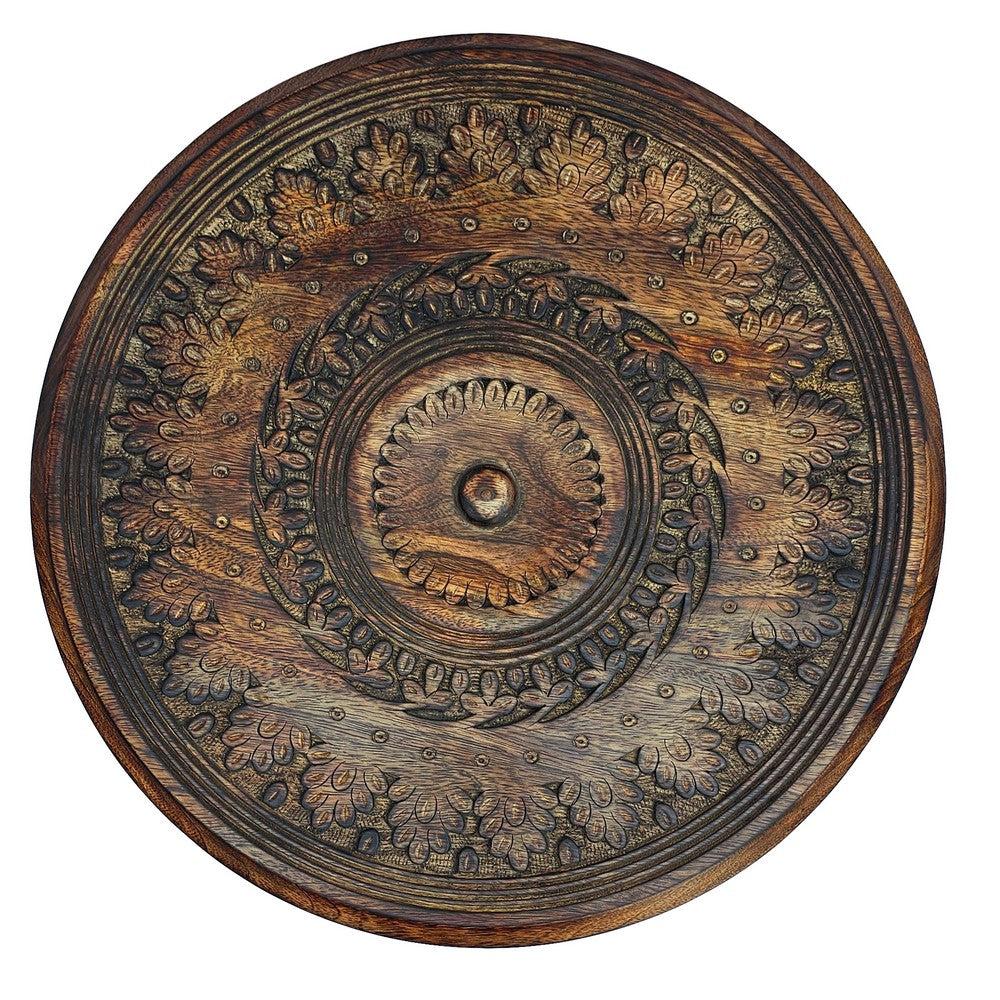 Jem 22 Inch Side End Table | Round Top | Hand Carved Boho Mandala Design with Twisted Base | Brown Mango Wood By The Urban Port