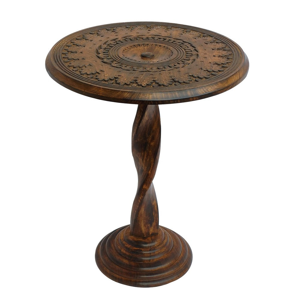Jem 22 Inch Side End Table | Round Top | Hand Carved Boho Mandala Design with Twisted Base | Brown Mango Wood By The Urban Port