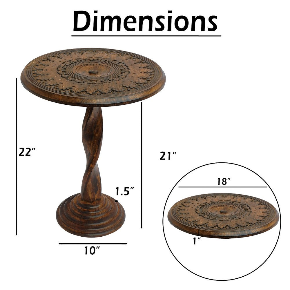 Jem 22 Inch Side End Table | Round Top | Hand Carved Boho Mandala Design with Twisted Base | Brown Mango Wood By The Urban Port