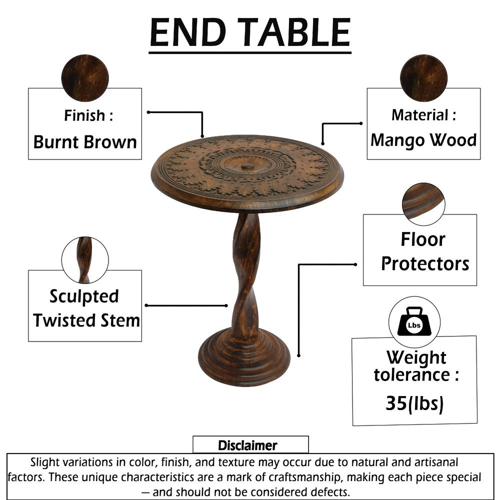 Jem 22 Inch Side End Table | Round Top | Hand Carved Boho Mandala Design with Twisted Base | Brown Mango Wood By The Urban Port