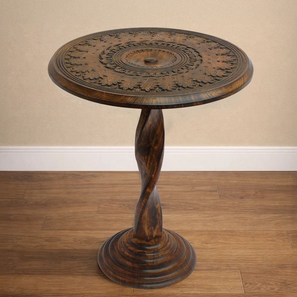 Jem 22 Inch Side End Table | Round Top | Hand Carved Boho Mandala Design with Twisted Base | Brown Mango Wood By The Urban Port