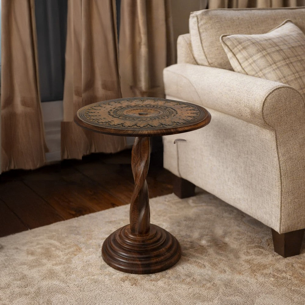 Jem 22 Inch Side End Table | Round Top | Hand Carved Boho Mandala Design with Twisted Base | Brown Mango Wood By The Urban Port