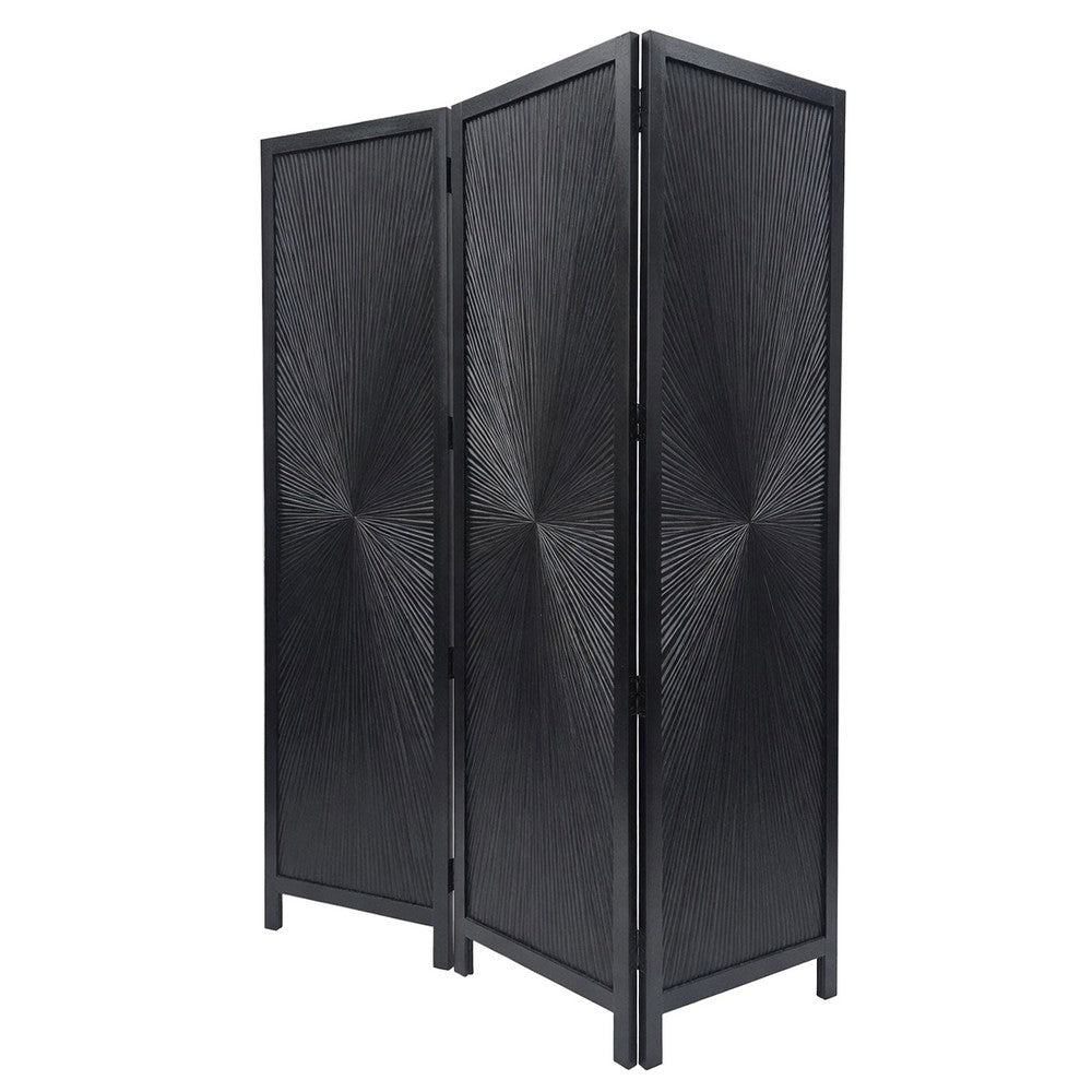 Cava 3 Panel Folding Screen Room Divider| Sunburst Design | Black Mango Wood | 60x72 Inch By The Urban Port