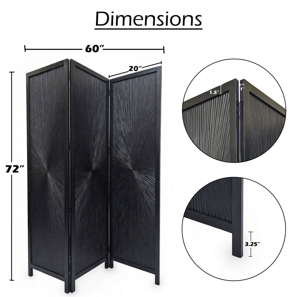 Cava 3 Panel Folding Screen Room Divider| Sunburst Design | Black Mango Wood | 60x72 Inch By The Urban Port