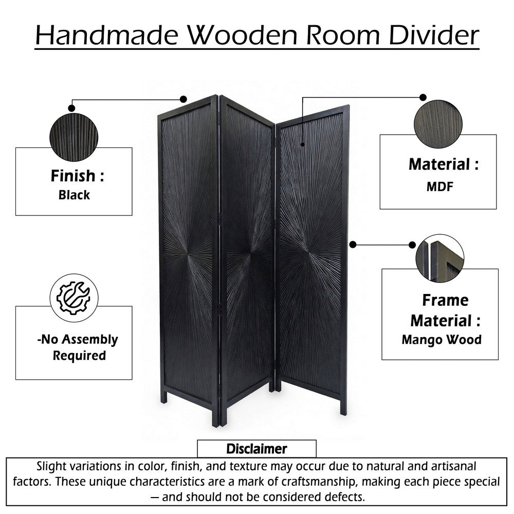 Cava 3 Panel Folding Screen Room Divider| Sunburst Design | Black Mango Wood | 60x72 Inch By The Urban Port