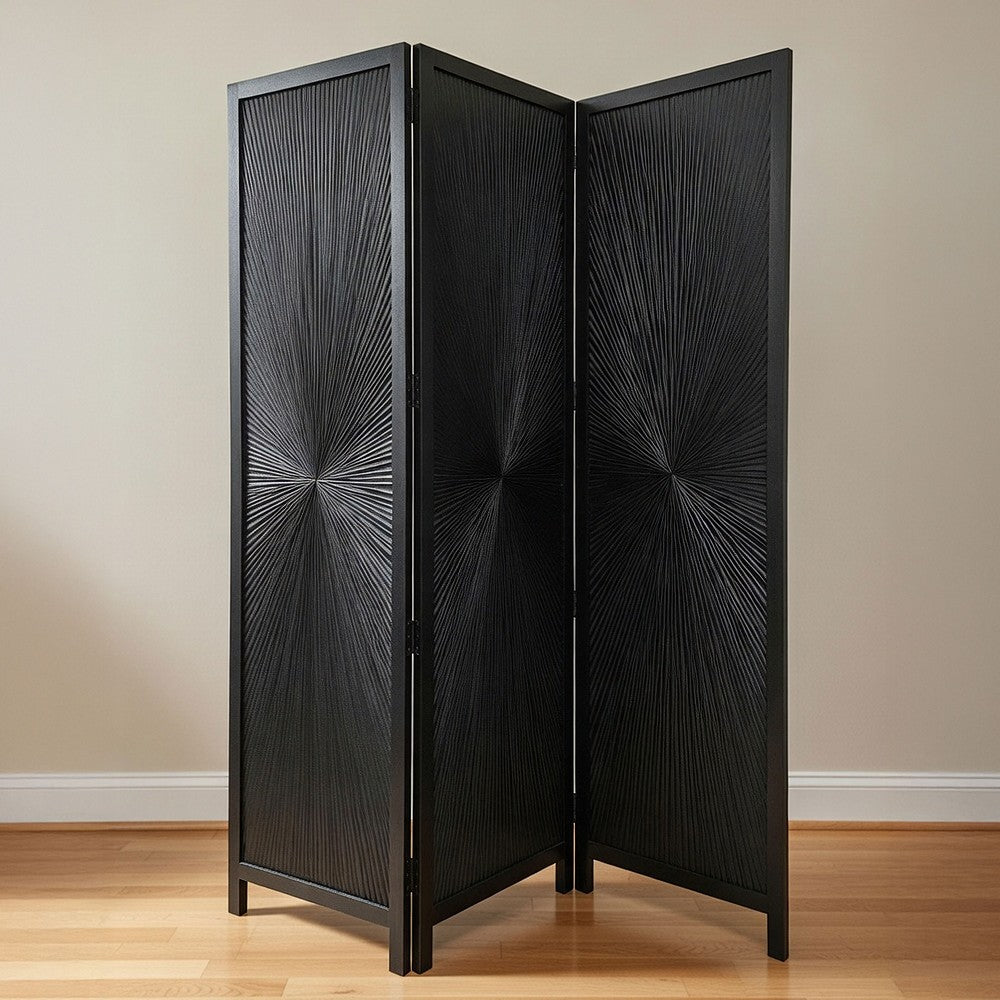 Cava 3 Panel Folding Screen Room Divider| Sunburst Design | Black Mango Wood | 60x72 Inch By The Urban Port