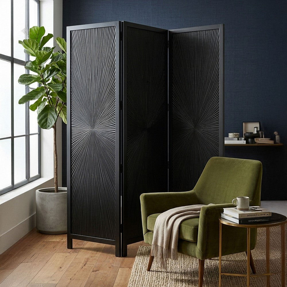 Cava 3 Panel Folding Screen Room Divider| Sunburst Design | Black Mango Wood | 60x72 Inch By The Urban Port